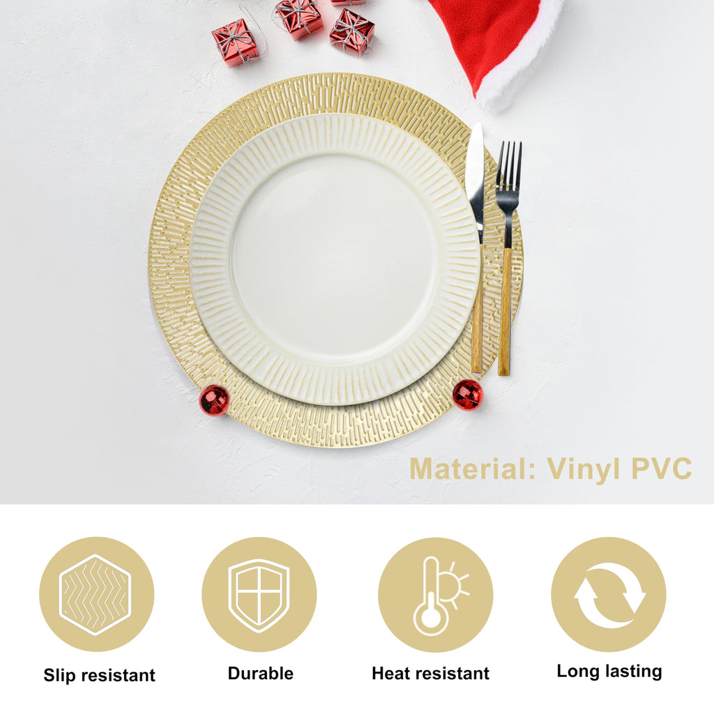 Gold Placemats Set of 18, 15 Inch Round Vinyl Metallic Place mats, Golden Washable Easy Clean Wipeable Non Slip Stain