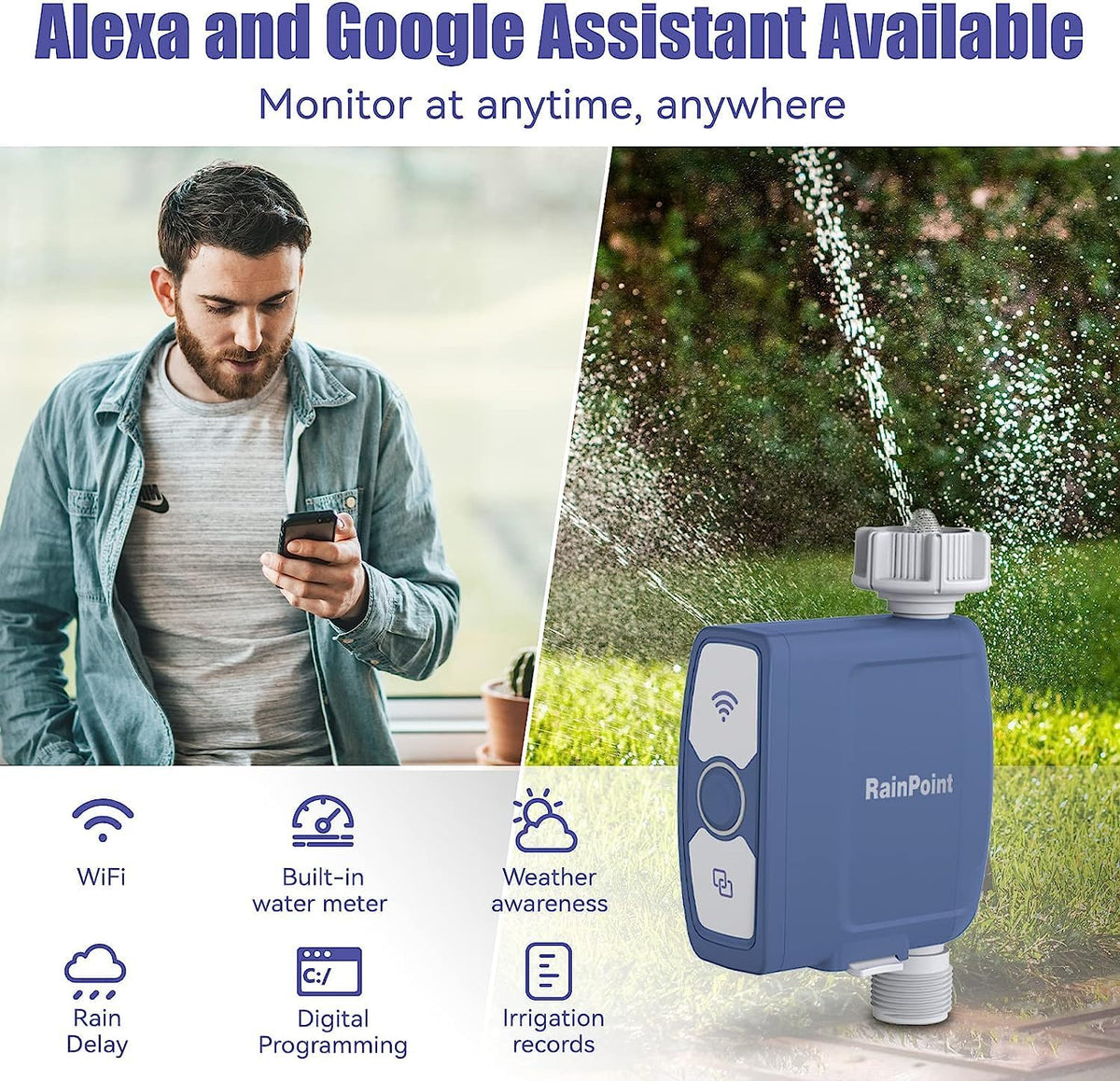 WiFi Water Timer, Smart Hose Timer with Water Usage-Based and Soil Moisture-Based Watering System, Sprinkler