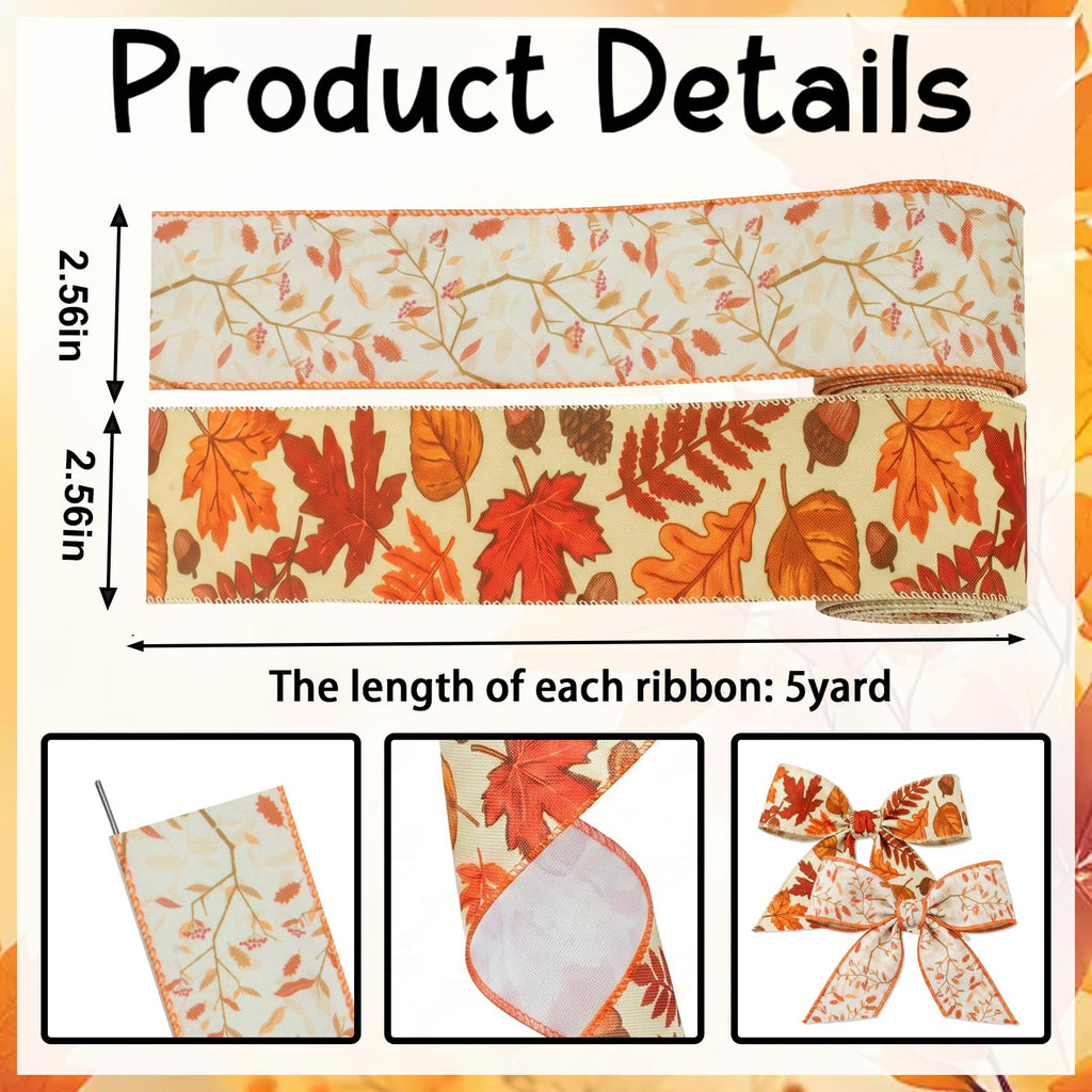 2 Rolls Fall Wired Ribbon 2.56 Inch Wide for Gift Wrapping