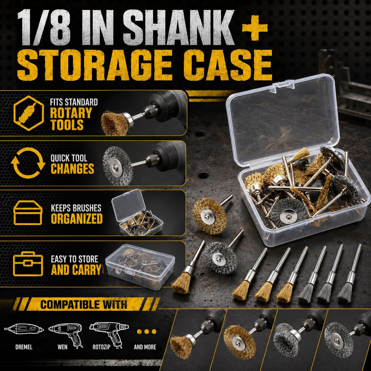 24PCS Wire Brush Polishing Wheel Set for Rotary Tools, 6 Styles Brass & Stainless Steel Wire Polishing Buffing Wheels with 1/8" Mandrel & Storage Case, for Rust Paint Removal Deburring Metal Wood