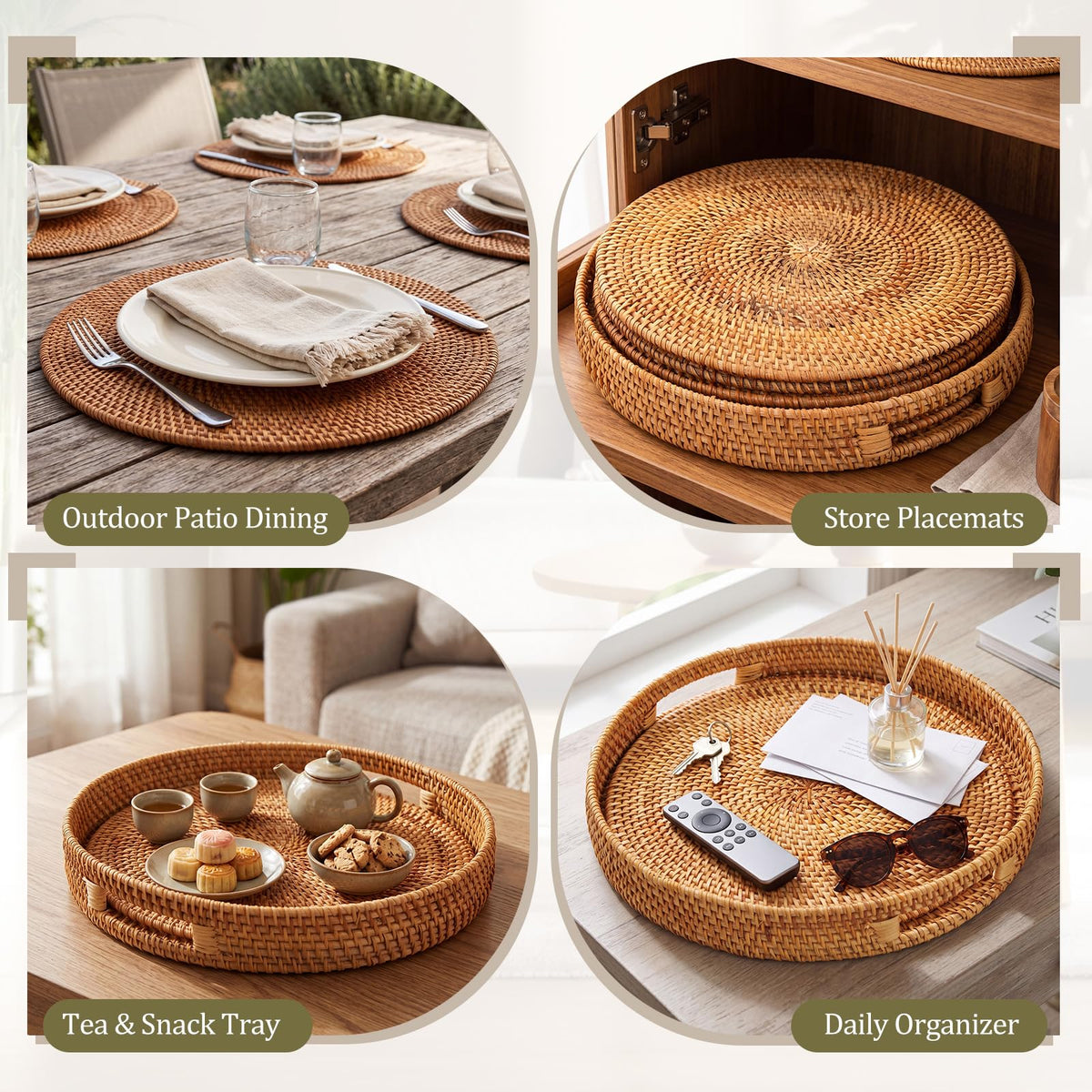 7 Pcs Rattan Placemats Set, 6 Pcs 13" Natural Hand Woven Rattan Placemats with 1 Pc 13.8” Wicker Round Serving Tray