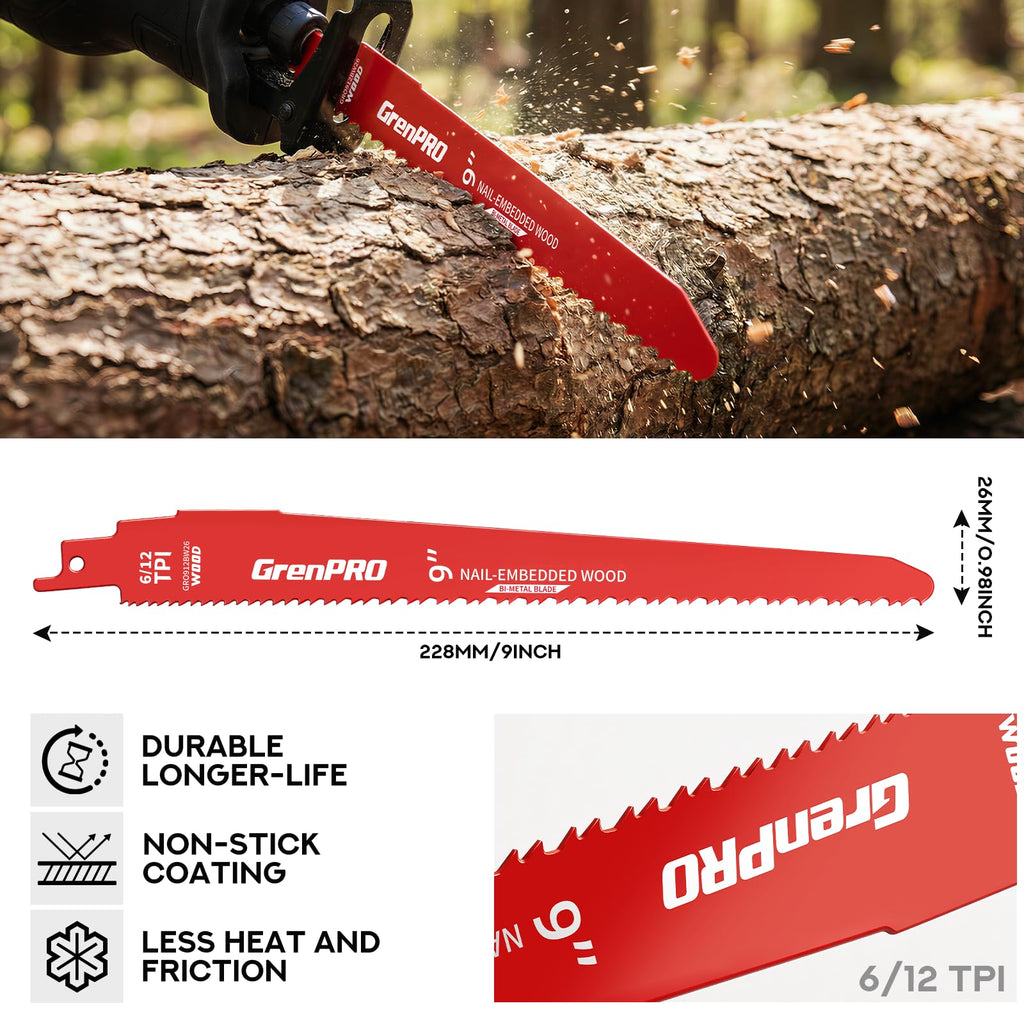 GRENPRO 26Pcs 9 Inch 6/12 TPI Reciprocating Saw Blades for Wood with Nails