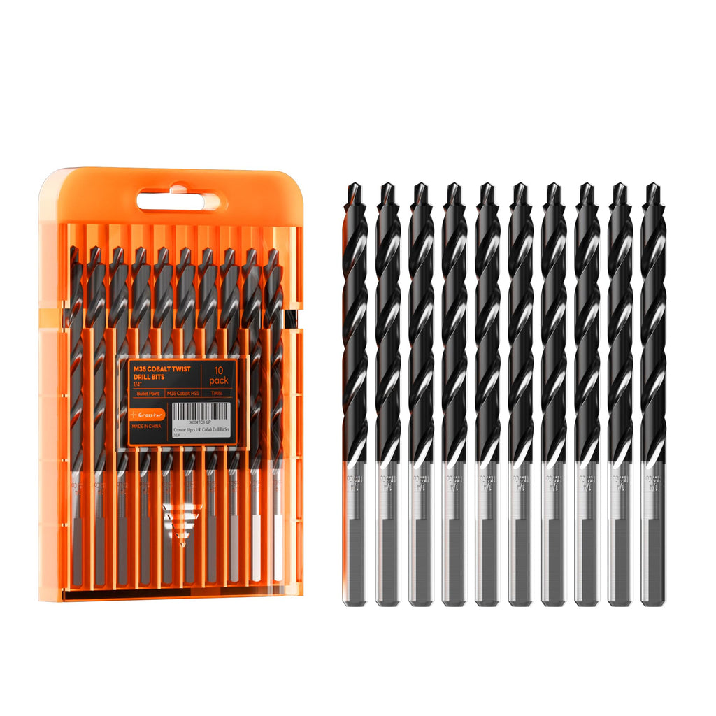Crosstar 10Pack M35 1/4" Cobalt Drill Bit Set,Bullet Point Tip,TiAlN Coated