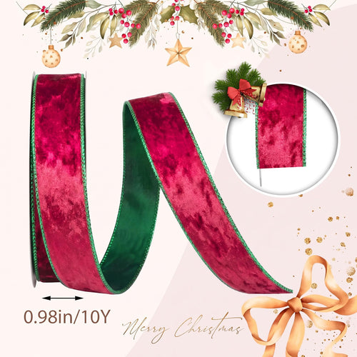 1 Inch × 10 Yard Christmas Red Green Velvet Ribbons for Bow Making, Xmas Winter Holiday Ribbon Bows Accessories for