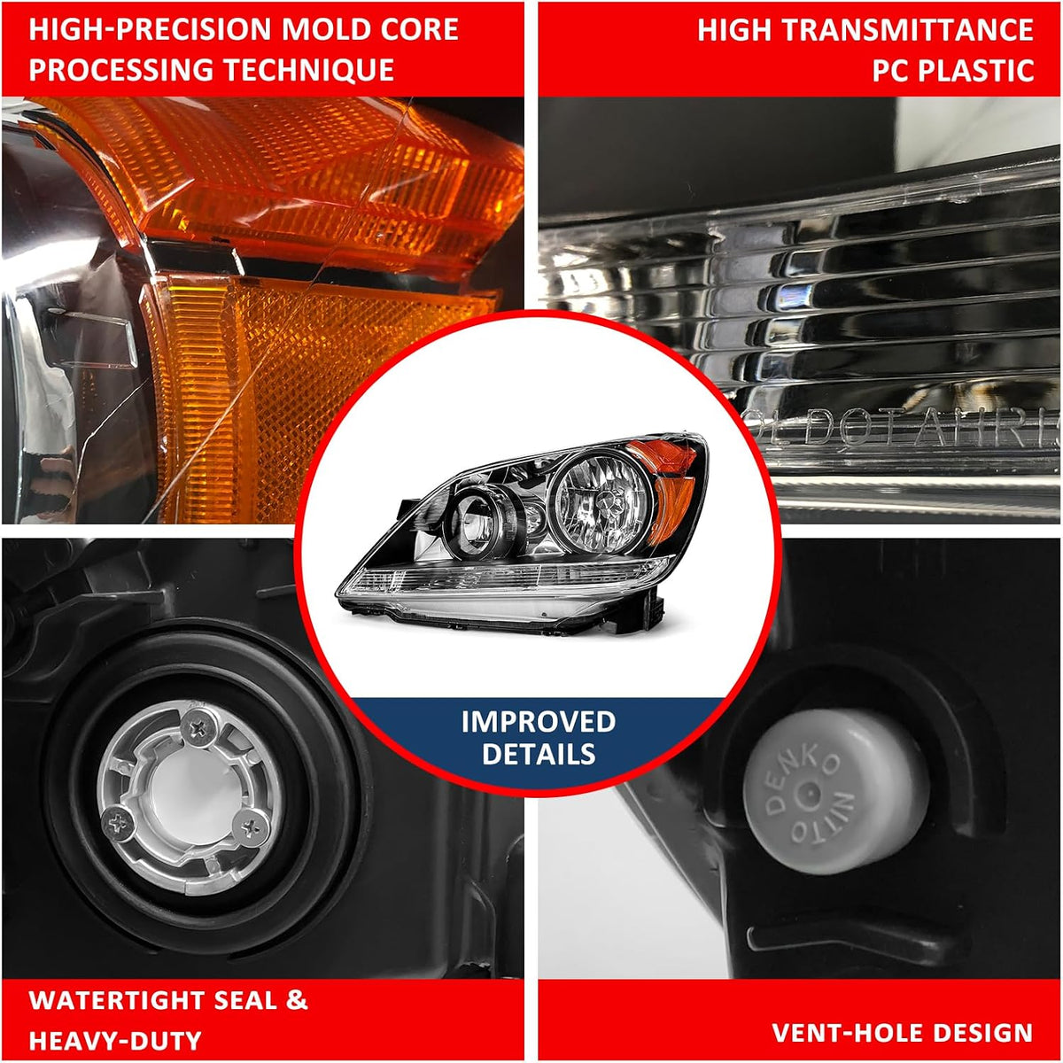 Headlight Assembly for Honda Odyssey 2005 2006 2007 Black Housing Amber Reflector Headlamp Replacement Pair（W/O Bulbs）