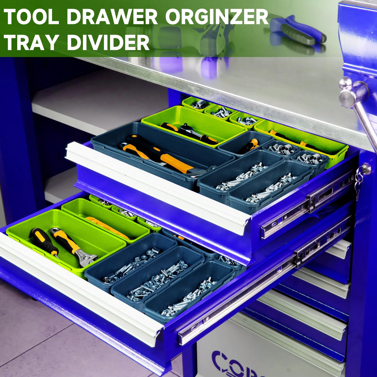 Tool Box Organizer Tray, 60 PCS & 5 Sizes, Blue and Green