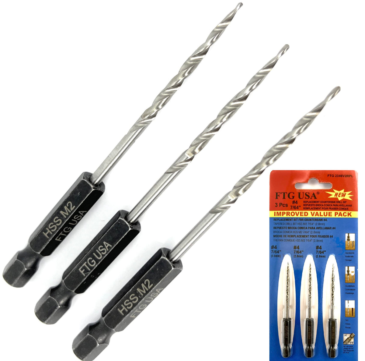 FTG USA 3Pc #4 (7/64") Replacement Countersink Drill Bit Set Tapered Bits