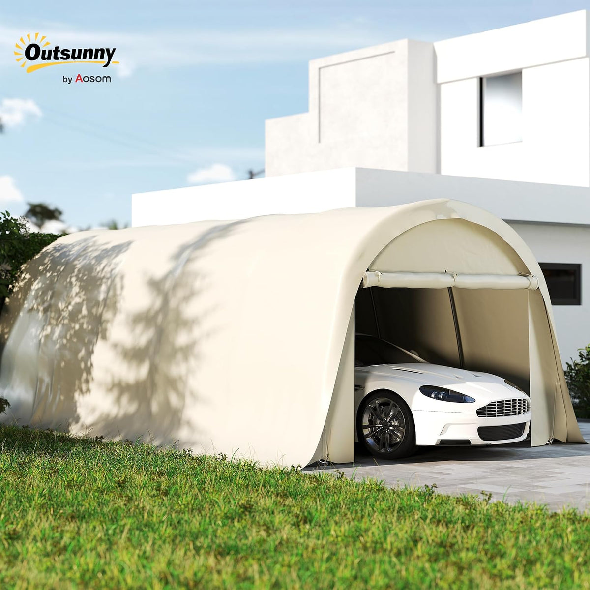 12' x 23.6' Heavy Duty Carport Portable Garage UPF50+ Beige | Car Canopy Tent, Galvanized Frame, Large Roll-Up Door