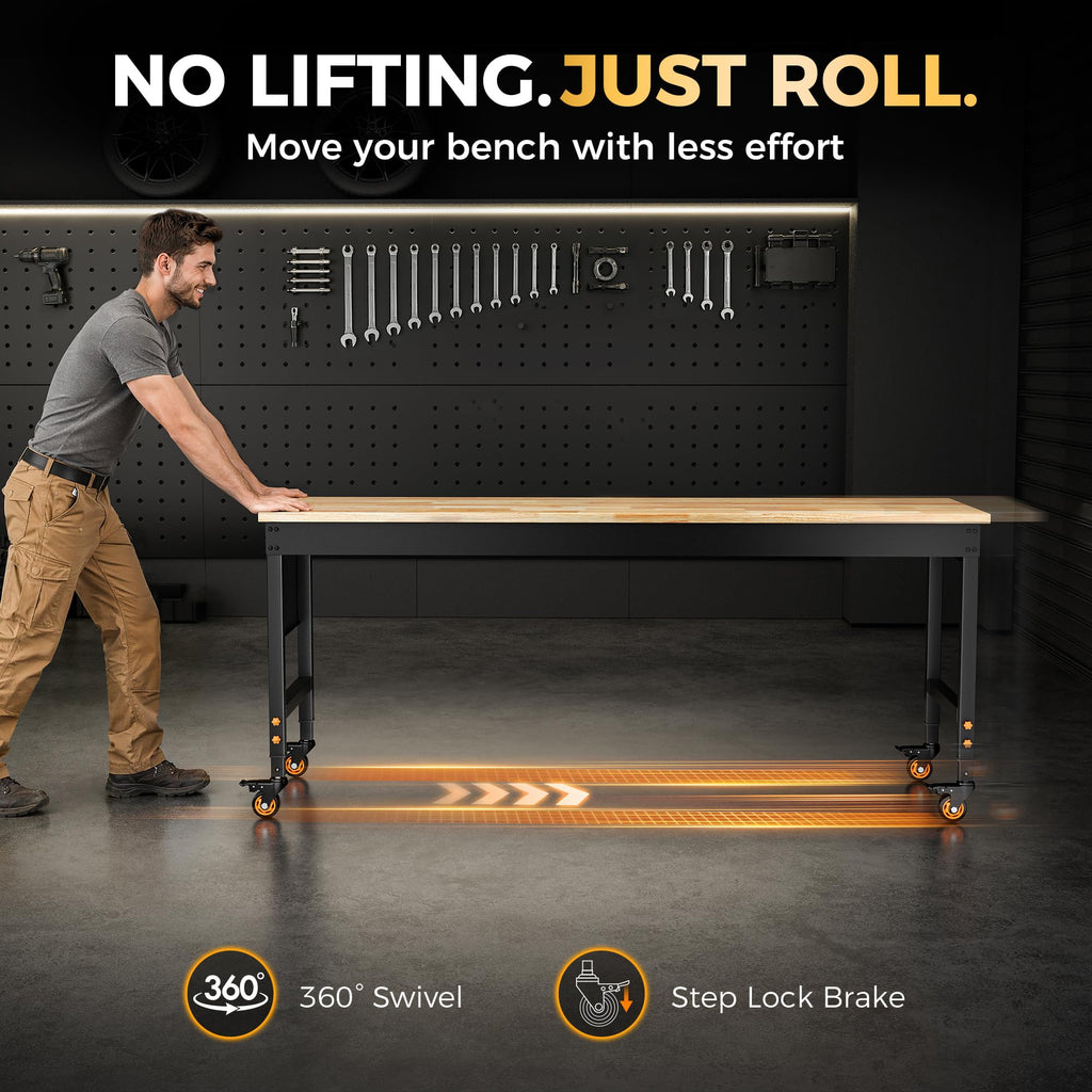70" Garage Work Bench with Wheels, Pegboard & Power Outlet