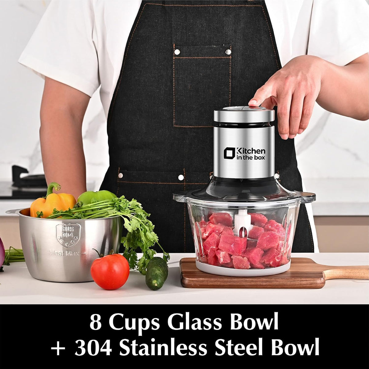Food Processors,Small Meat Grinder & Food Chopper Electric Vegetable Chopper with 2 Bowls (8 Cup+8 Cup)& 2 Bi-Level