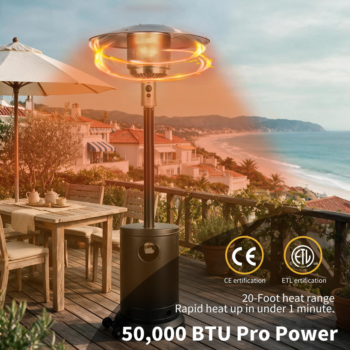 Jet Black 50,000 BTU Propane Patio Heater, Multiple Color Available, Outdoor Heater with Weighted Base, Adjustable