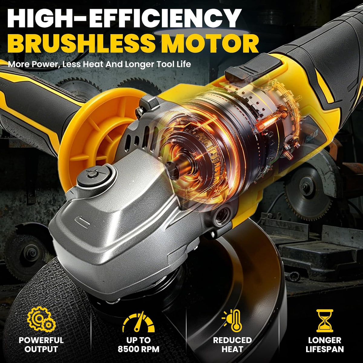 Cordless Angle Grinder Compatible with Dewalt 20V Battery, Brushless 4-1/2 Inch Grinder Tool, 3-Speed Adjustable up