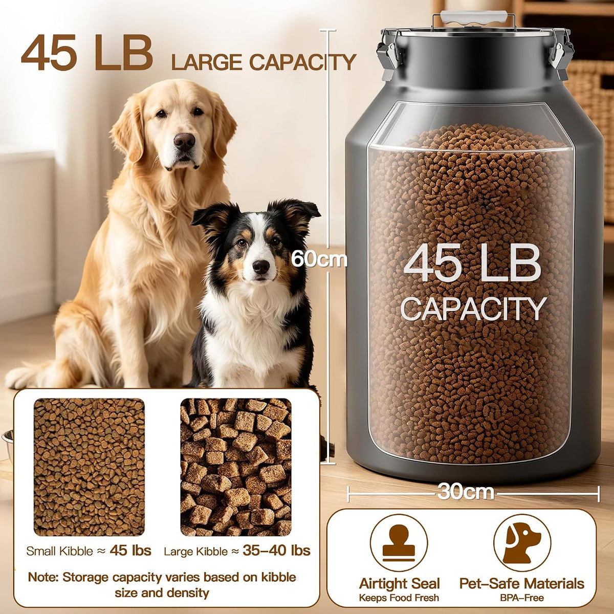Stainless Steel Dog Food Storage Container 45 lb with Scoop & Lid