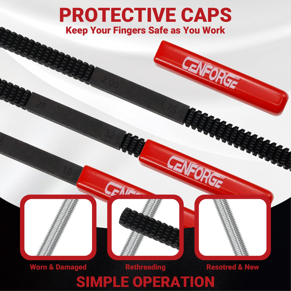 CENFORGE 3PCs Thread Restorer File Set Metric & SAE UNC UNF - Restorer Kit & Repair Tool for External Bolts, Screws, Pipes with Safety Caps