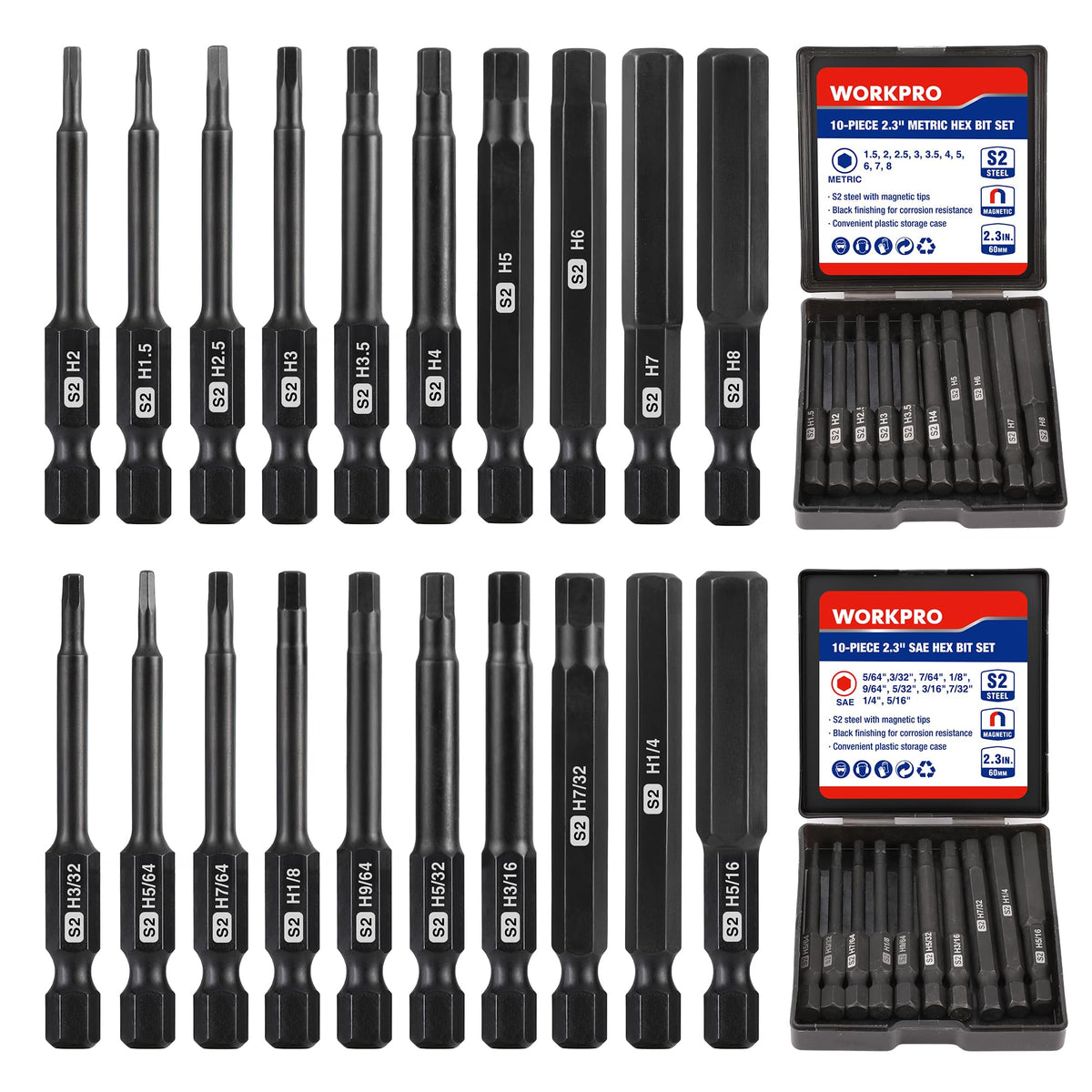 WORKPRO 20PCS Hex Head Allen Wrench Drill Bit Set, 2.3" Magnetic Tips