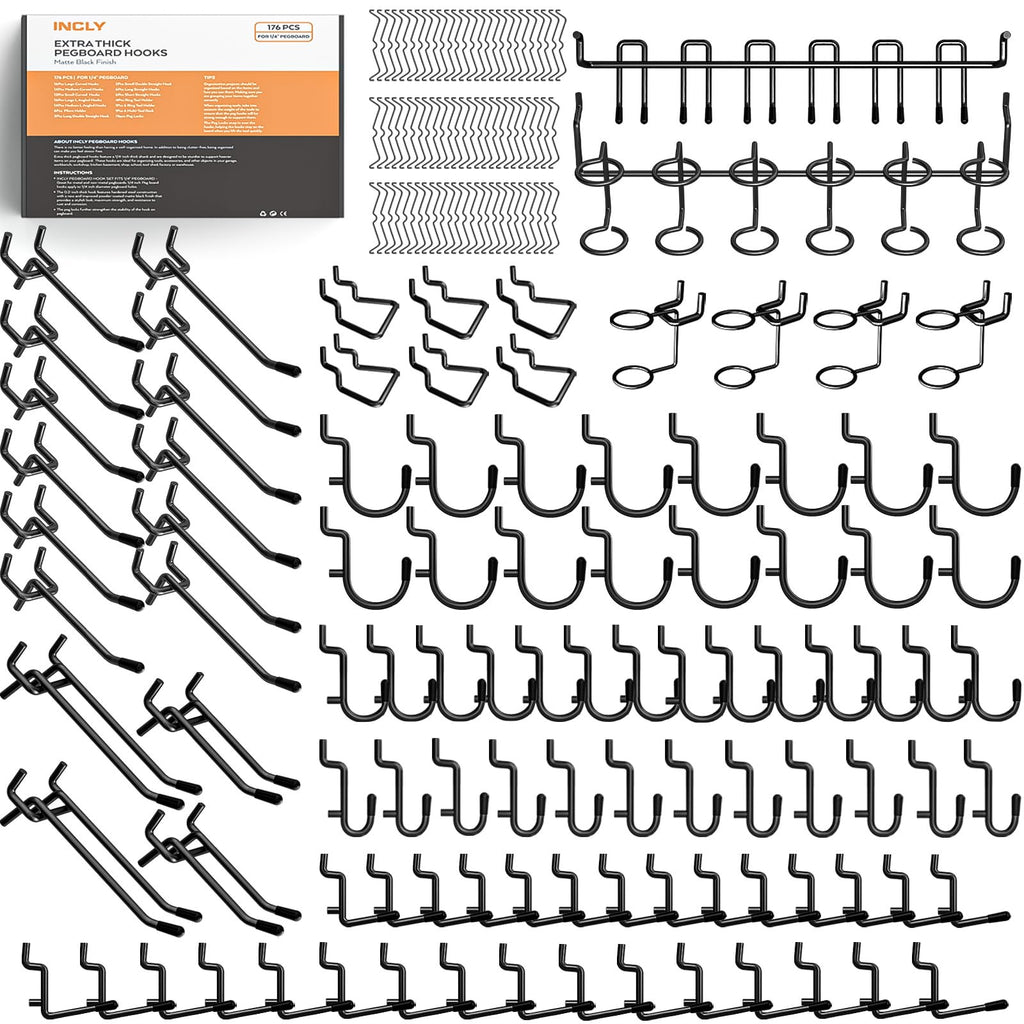 176PCS Black Pegboard Hooks with Peg Locks, 1/4" Heavy Duty Metal