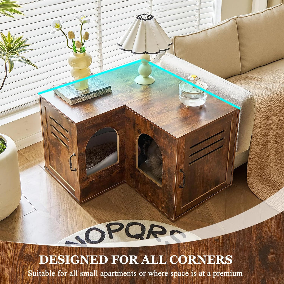 31.5in Corner Cat Litter Box Enclosure with Double Room, Brown