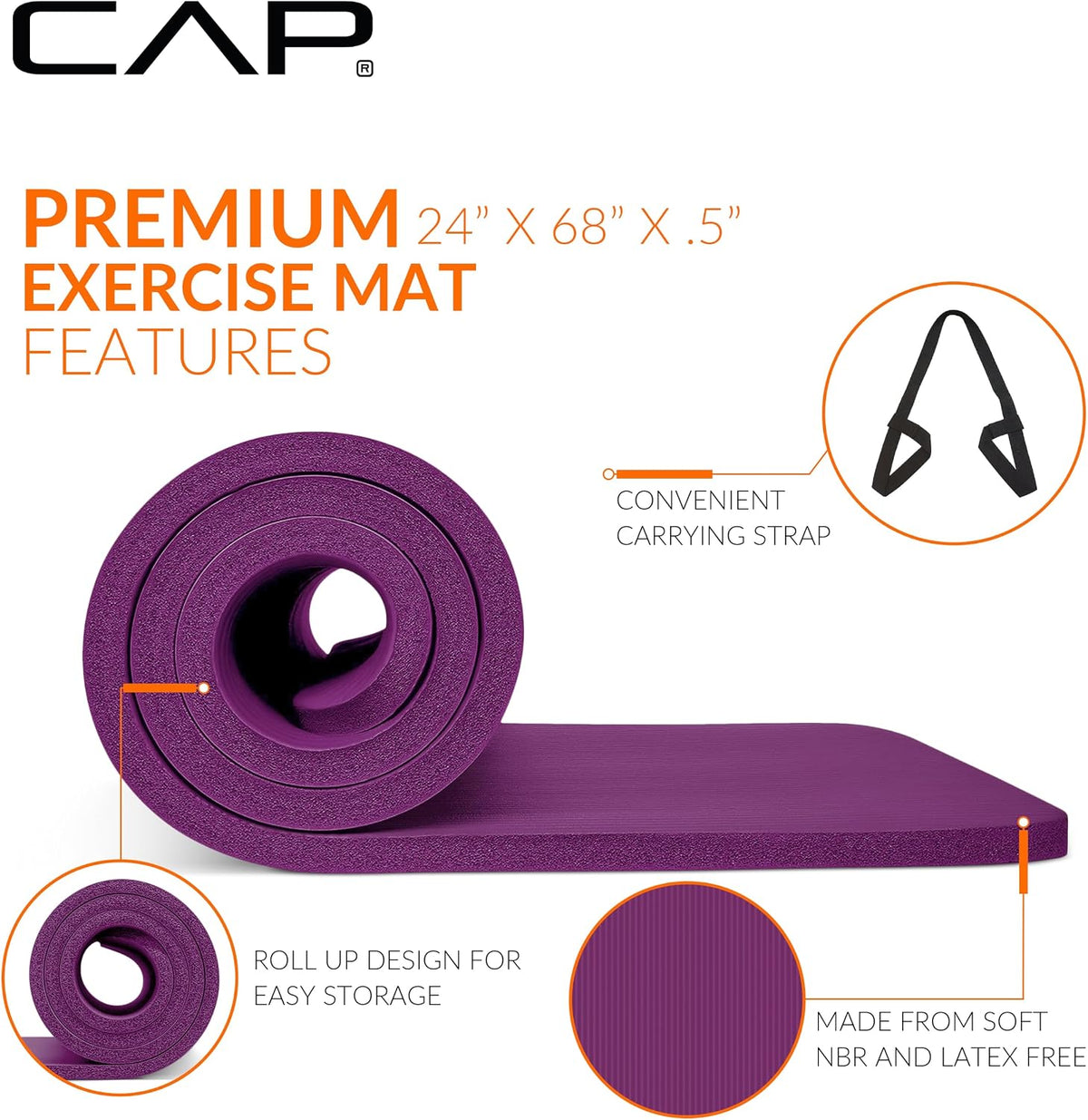 1/2-Inch High Density Exercise Yoga Mat with Strap | Multiple Options