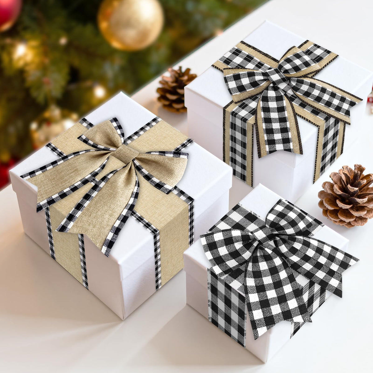 Buffalo Plaid Ribbon Wired – 3 Rolls 2.5'' x 18 Yards, Burlap Black and White Plaid Ribbons for Crafts, Christmas