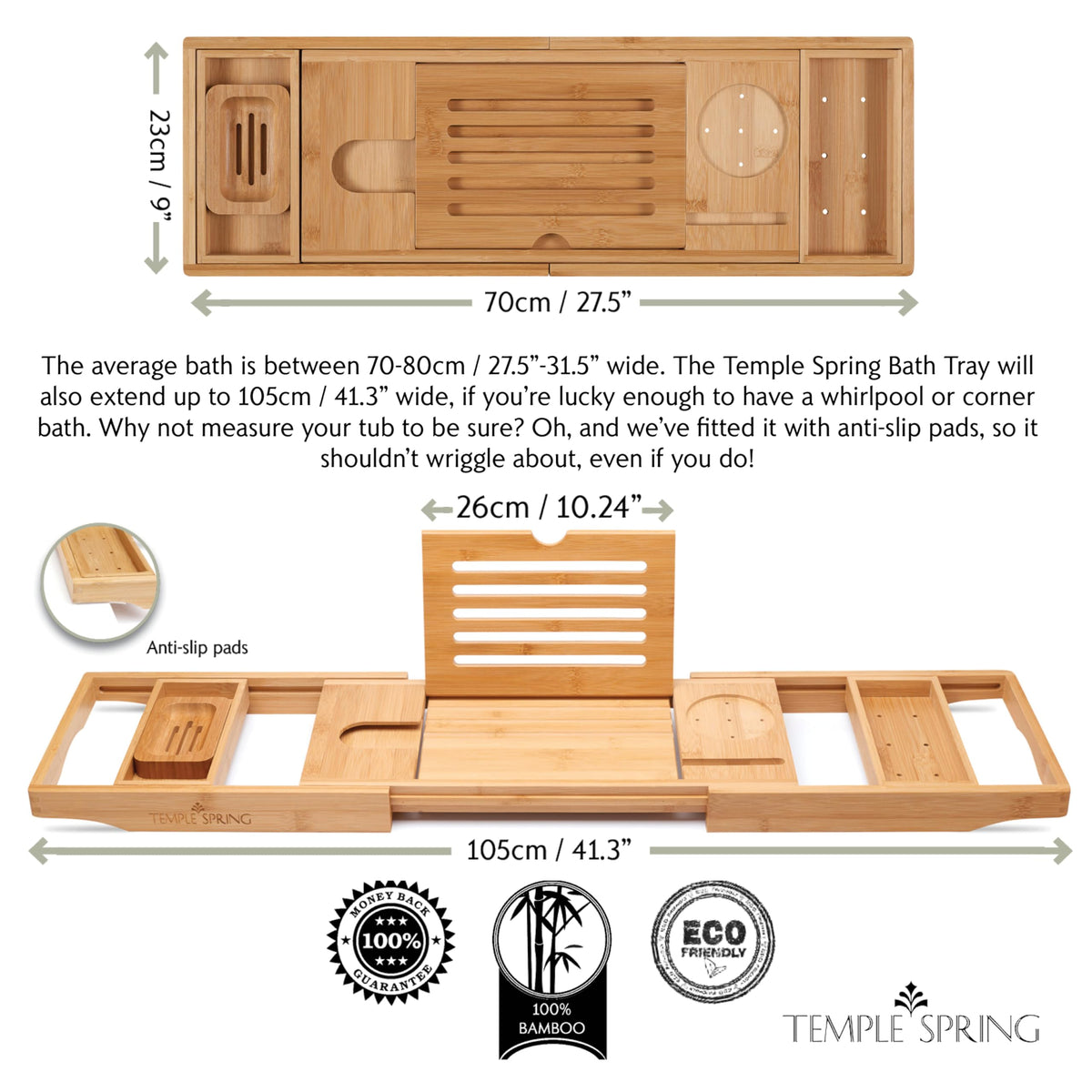 Bamboo Bathtub Tray Caddy for Tub — Expandable Wood Bath Tray with Solid Book Stand Wine Holder and Non-Slip Pads —