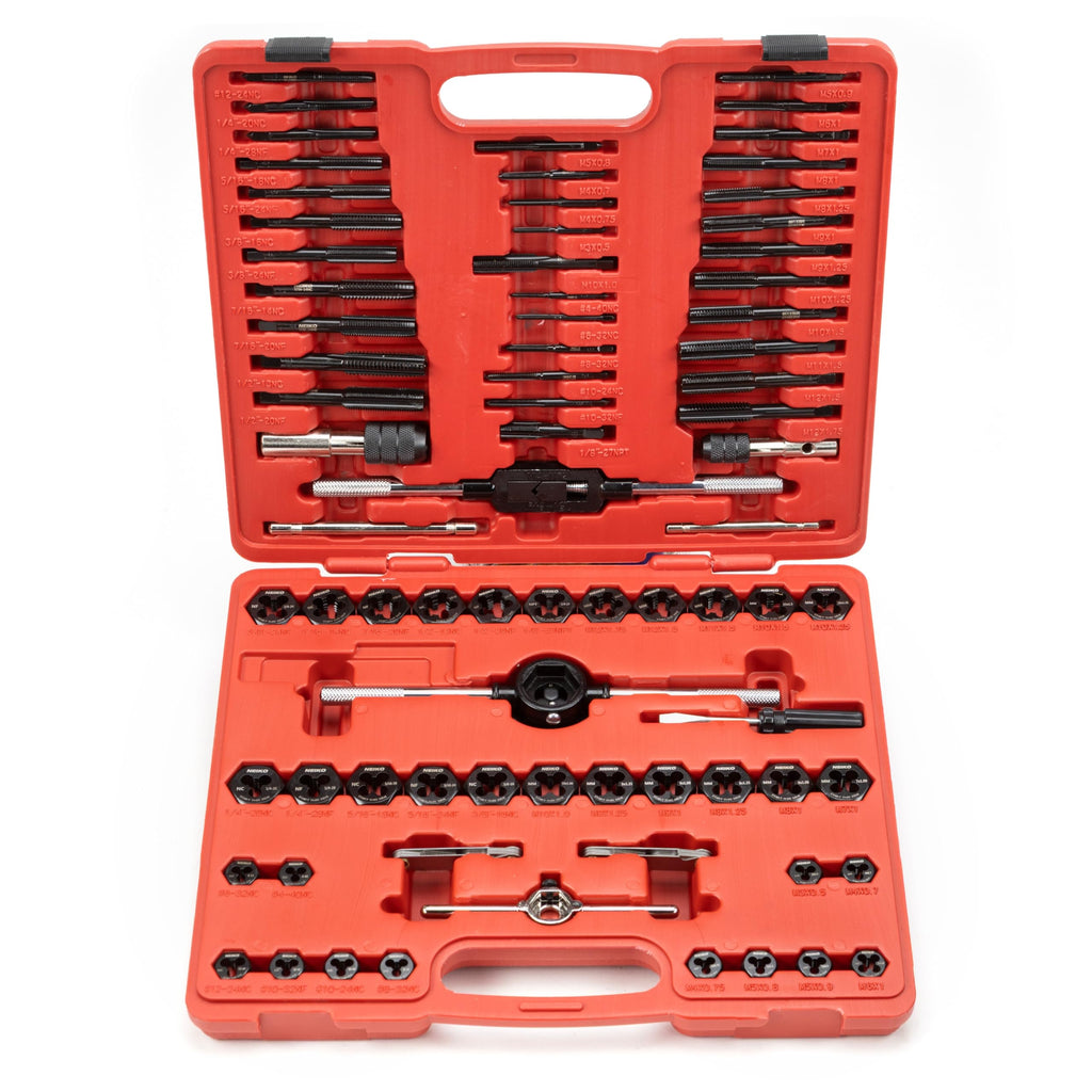 NEIKO Tap and Die Set, 76 Piece, Metric and Standard, Rethreading, Cutting, Repairing Threading Tool for External & Internal Thread Tap Set, SAE & MM, Hex Die, UNC, UNF, AND NPT Threads, Complete Kit