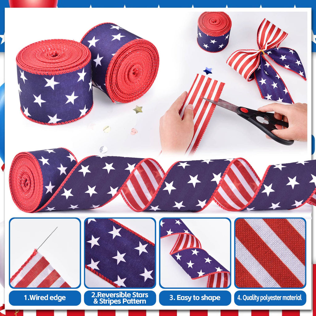 2 Rolls Patriotic Wired Edge Ribbon Stars and Stripes Reversible Ribbons Red White Blue Decorative Ribbon for 4th of