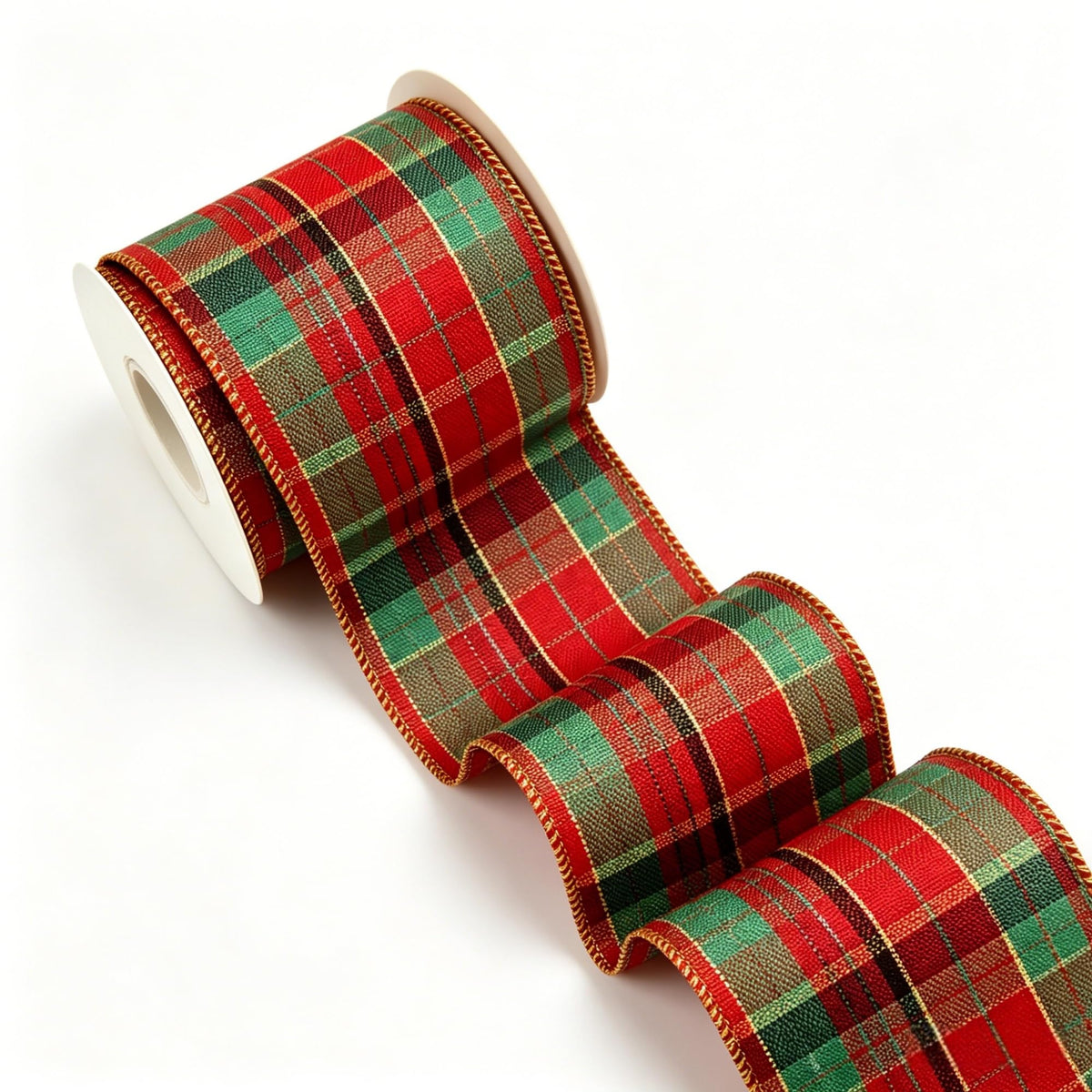 1.5 Inch Red Green Tartan Plaid Wired Ribbon 10Yd Gold Trim Christmas Decor