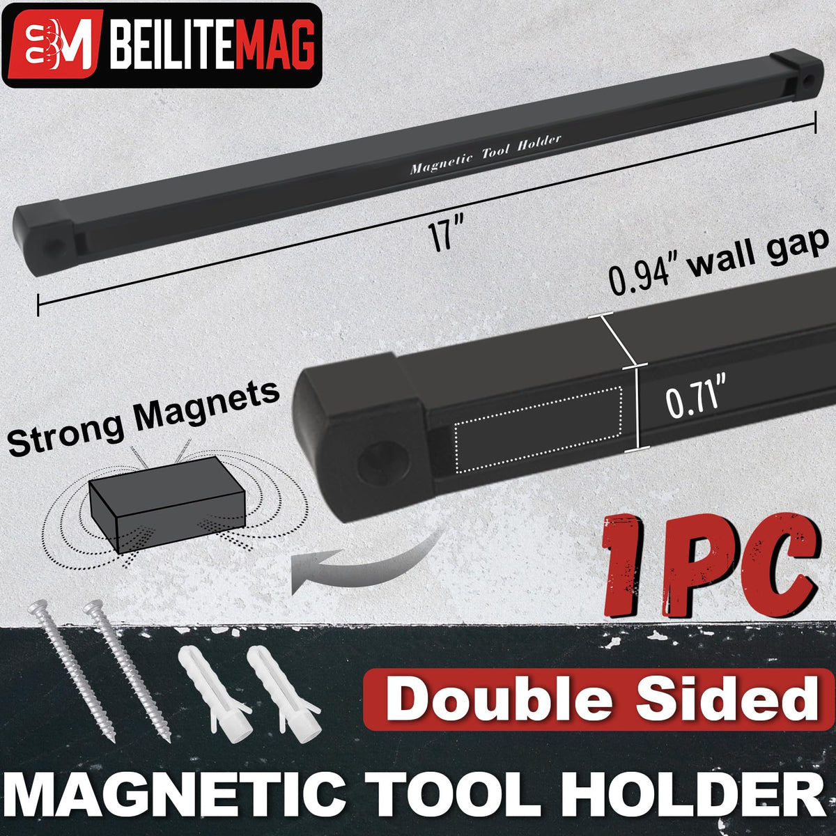 BEILITEMAG Double Sided Magnetic Tool Holder, 17 Inch Heavy Duty Magnet Bar Strip with Extra Strong Magnets, Magnetic Tool Organizer for Garage, Warehouse, Workshop, Tool, Industrial (1 Pack)
