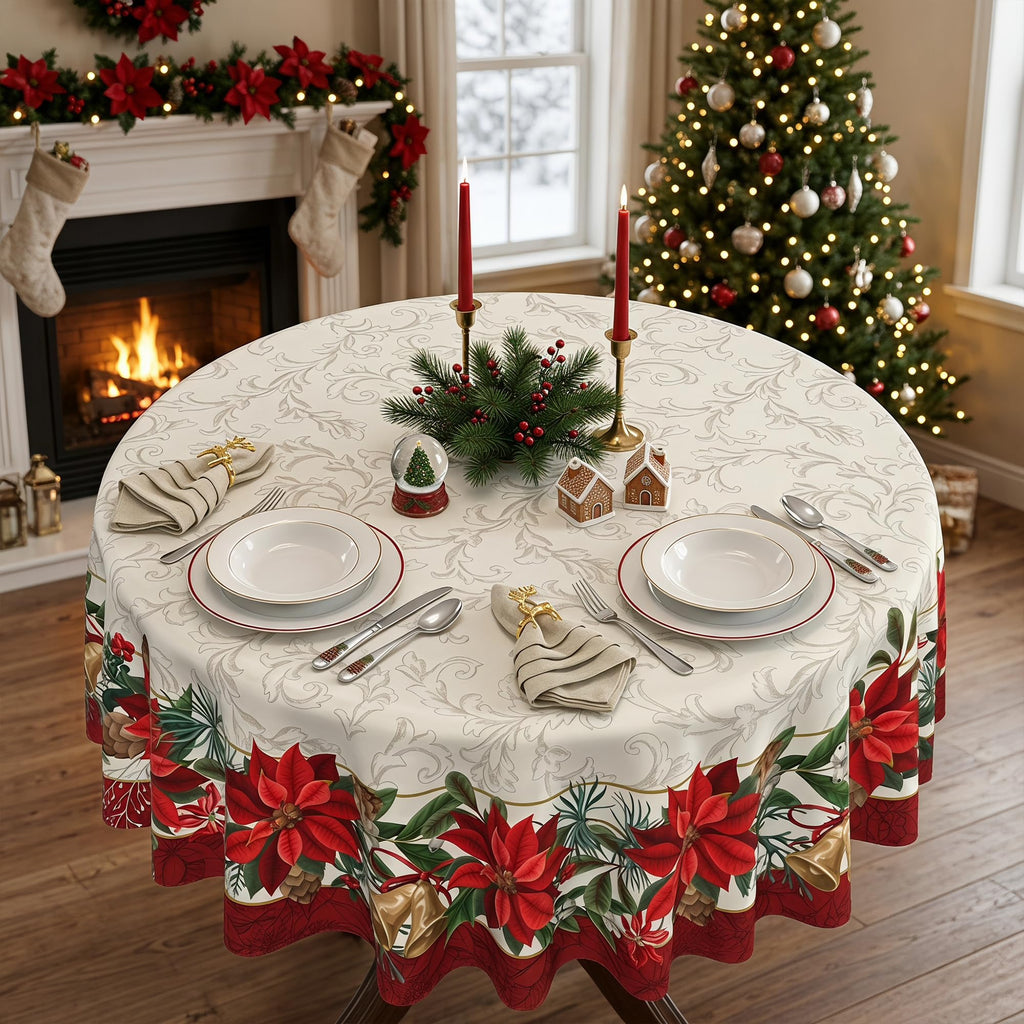 Christmas Poinsettia Tablecloth 70 Inch, Vintage Red Floral Bell Pine Cone Round Table Cover, Xmas Border Design