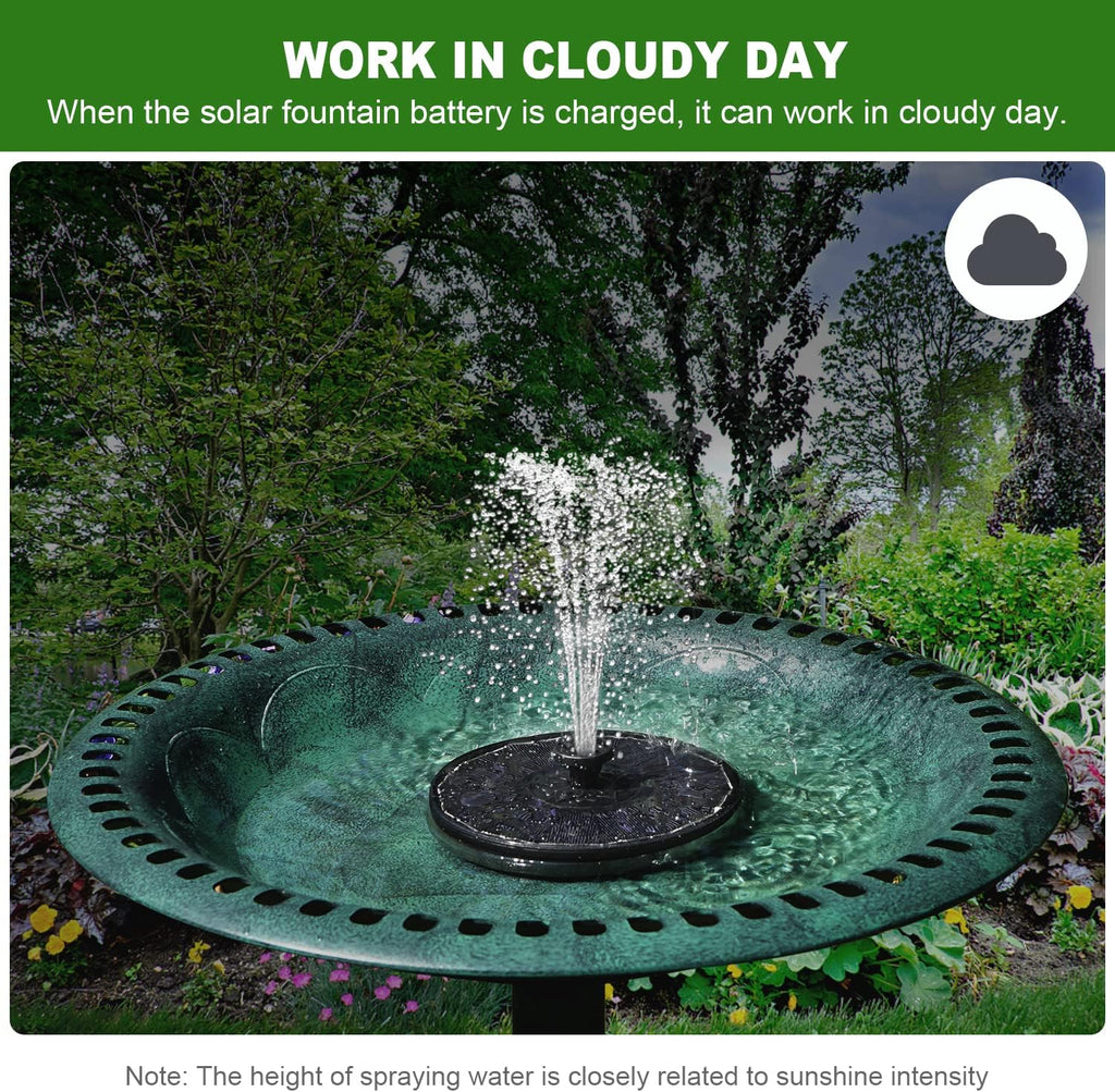 Solar Fountain with 2000 mAh Battery Backup Works in Cloudy, Glass Solar Powered Bird Bath Fountains with 7 Nozzles