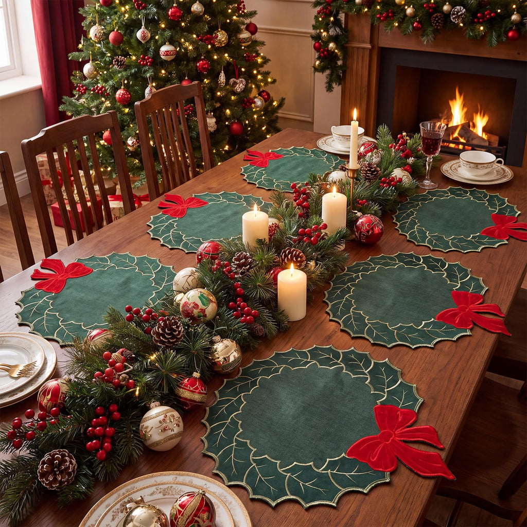 6 Pcs Christmas Placemats Linen Holly Leaf Table Mats with Red Bow