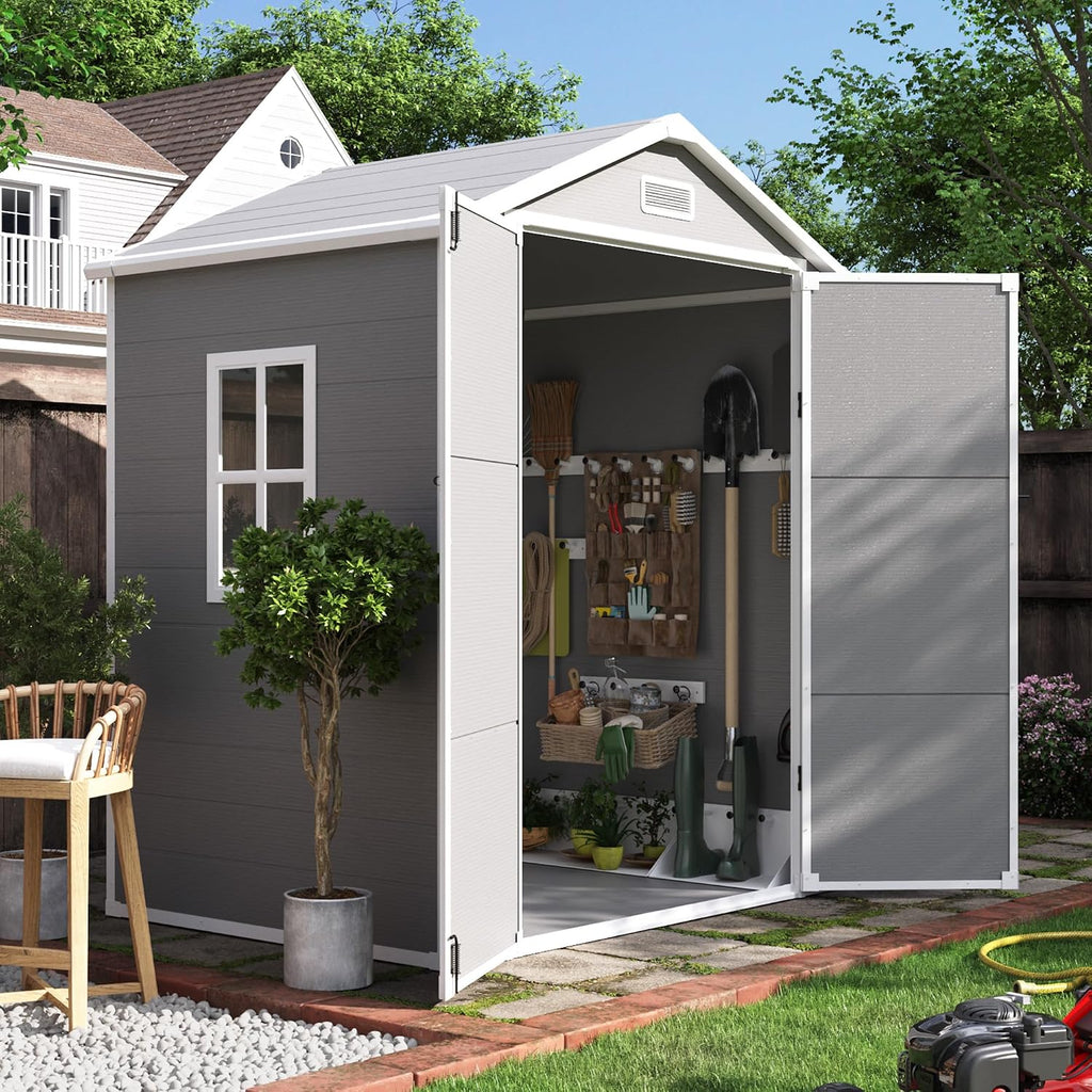 Outdoor Resin Storage Shed 6x4 FT, Plastic Shed for Garden, Grey | Weather UV Resistant, Heavy Floor, Lockable