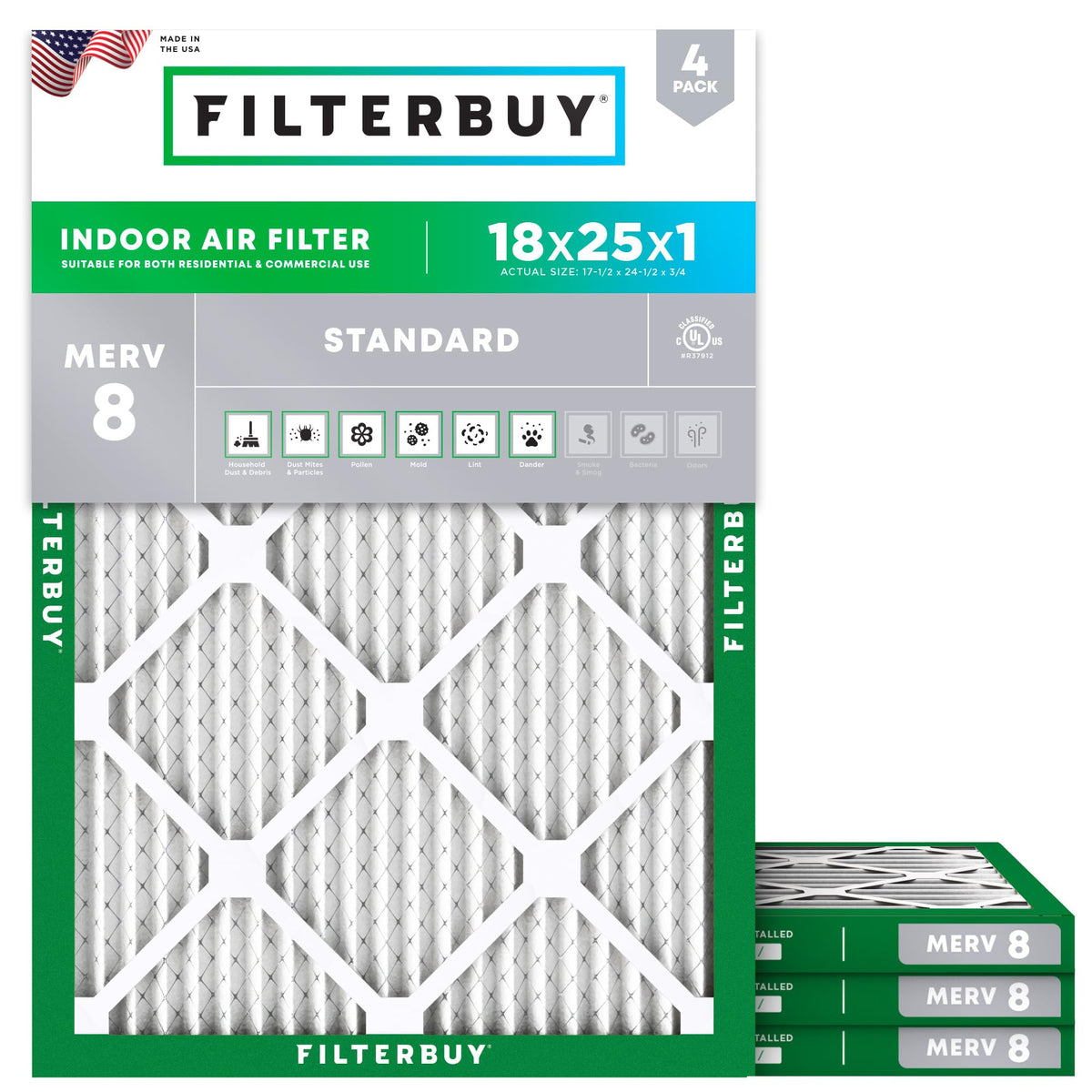 18x25x1 Air Filter MERV 8 Dust & Allergy Defense (4-Pack)