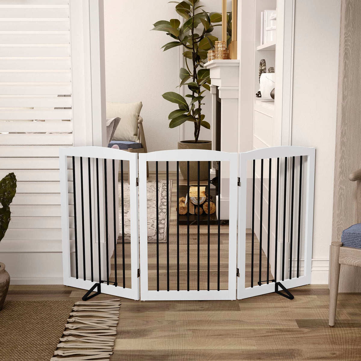 Freestanding Solid Wood Folding Pet & Dog Barrier Gate with Support Feet for Wide Indoor Openings, Hallways & Stairs