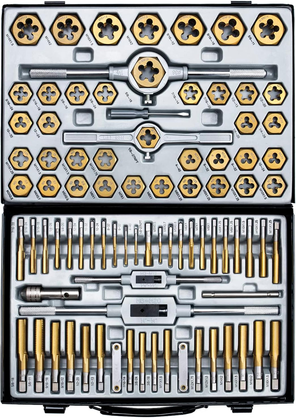 86-Piece Master Tap and Hex Die Set, Premium Titanium Coating | SAE Size #4 to 5/8”, Metric Size M3 to M16 | For All Coarse, Fine, Pipe Threads | Complete with Holders, Stocks, Gauges and Metal Case