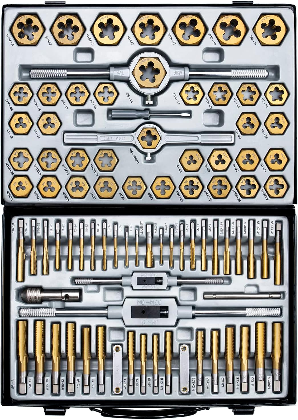 86-Piece Master Tap and Hex Die Set, Premium Titanium Coating | SAE Size #4 to 5/8”, Metric Size M3 to M16 | For All Coarse, Fine, Pipe Threads | Complete with Holders, Stocks, Gauges and Metal Case