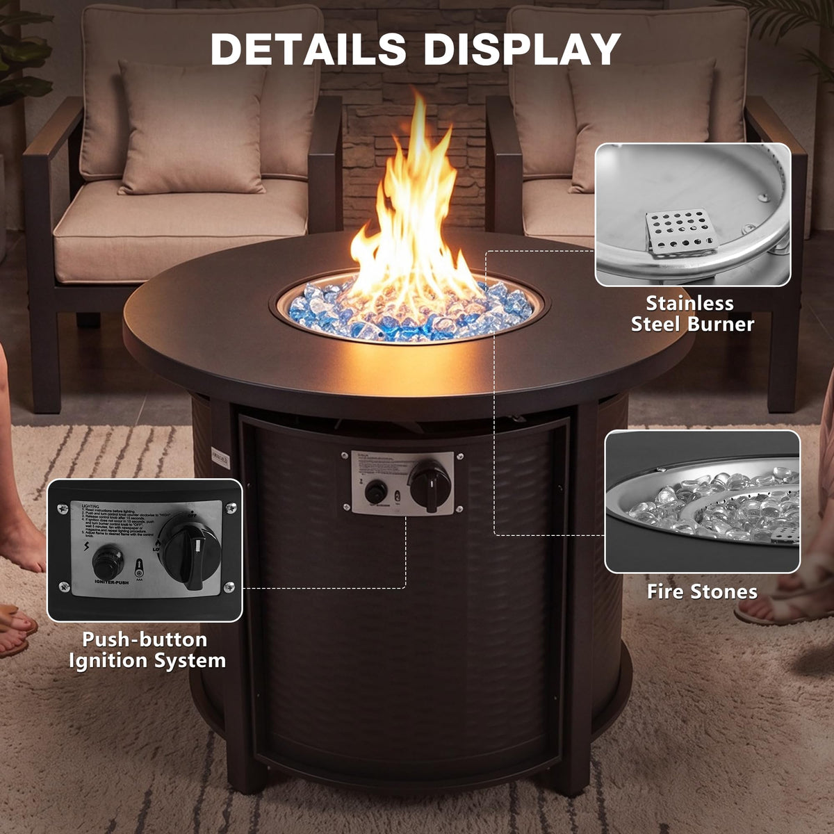 Outdoor Round Propane Fire Pit Table, 50000 BTU, Black