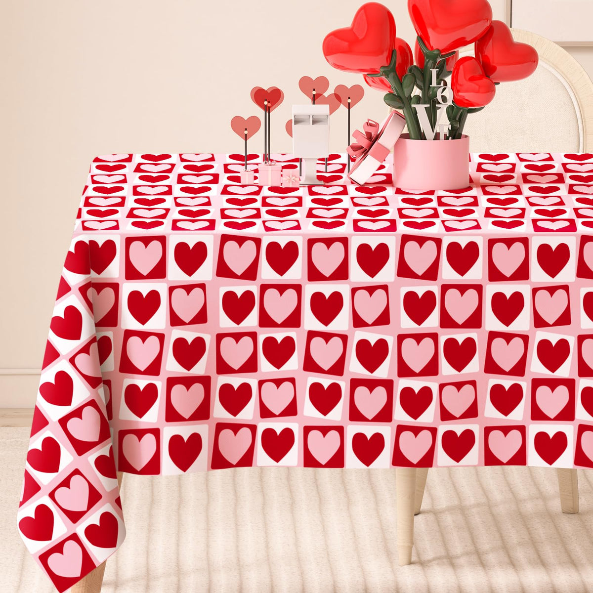 Valentine's Day Rectangle Tablecloth Red Pink Hearts Plaids Fabric Table Cloth Washable Love Heart Table Cover for