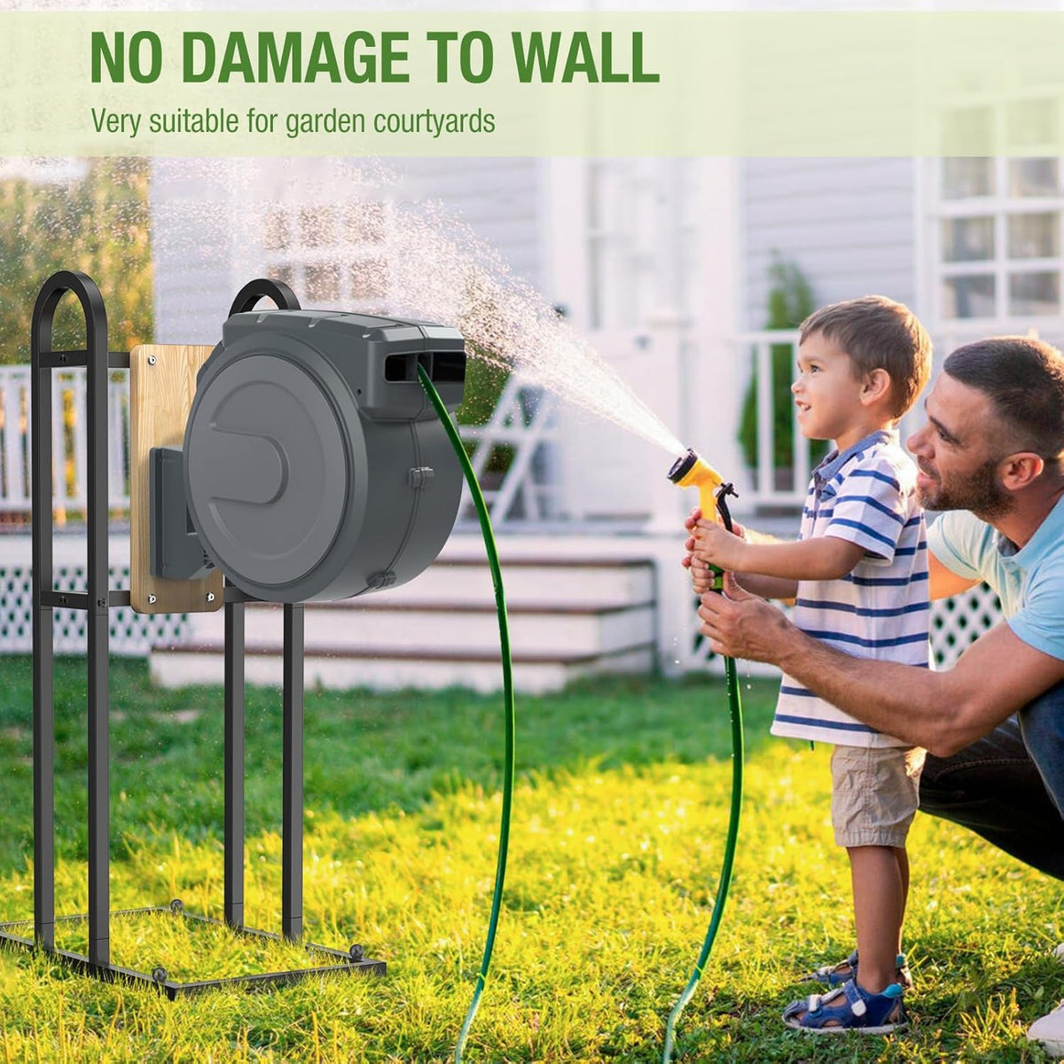 Retractable Hose Reel Stand, No Wall Damaged Freestanding Hose Holder Post | Fit for Most Garden Hose Reel with