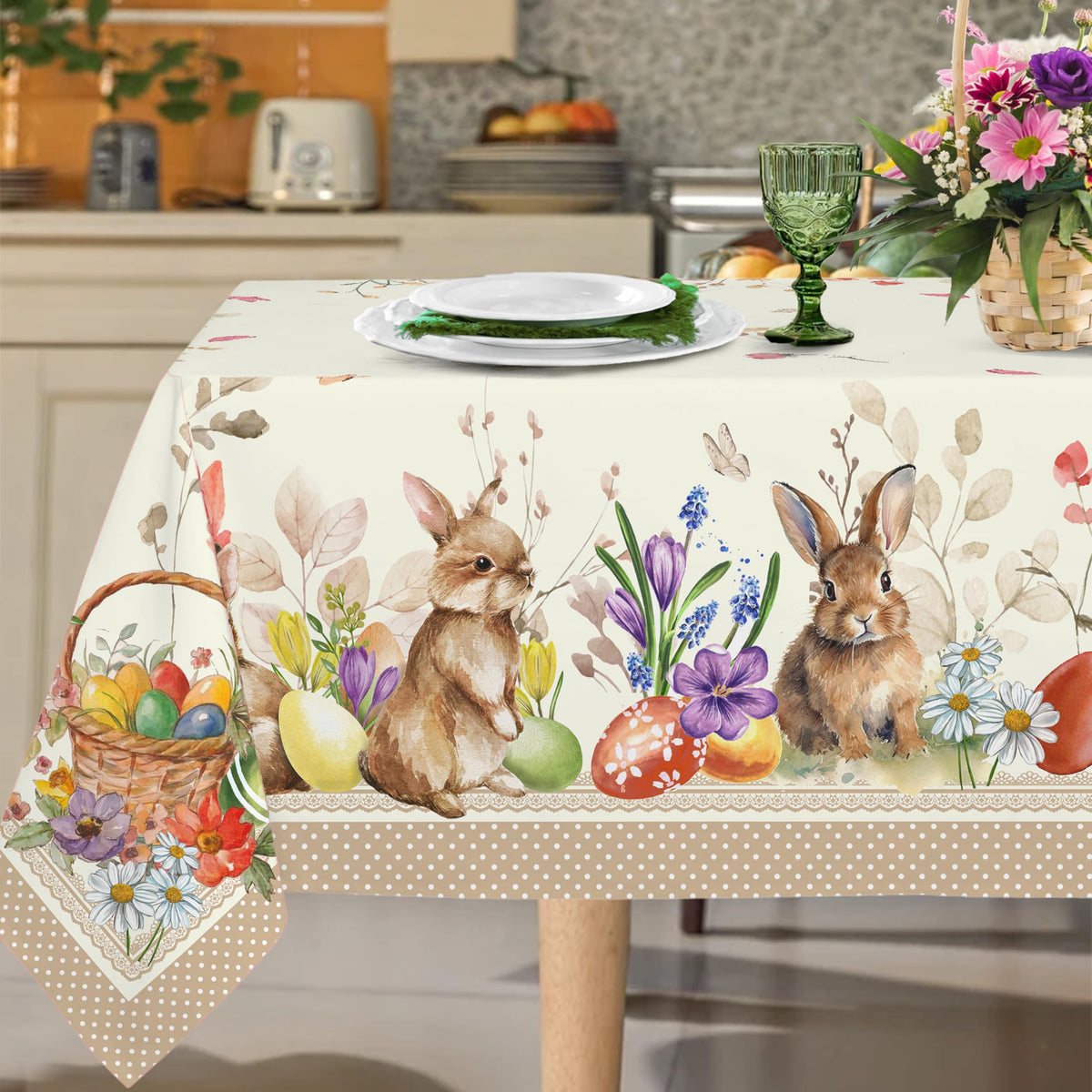 Rectangular Easter Tablecloth 60x120Inch, Spring Floral and Bunny Easter Egg Watercolor Tablecloth, Waterproof