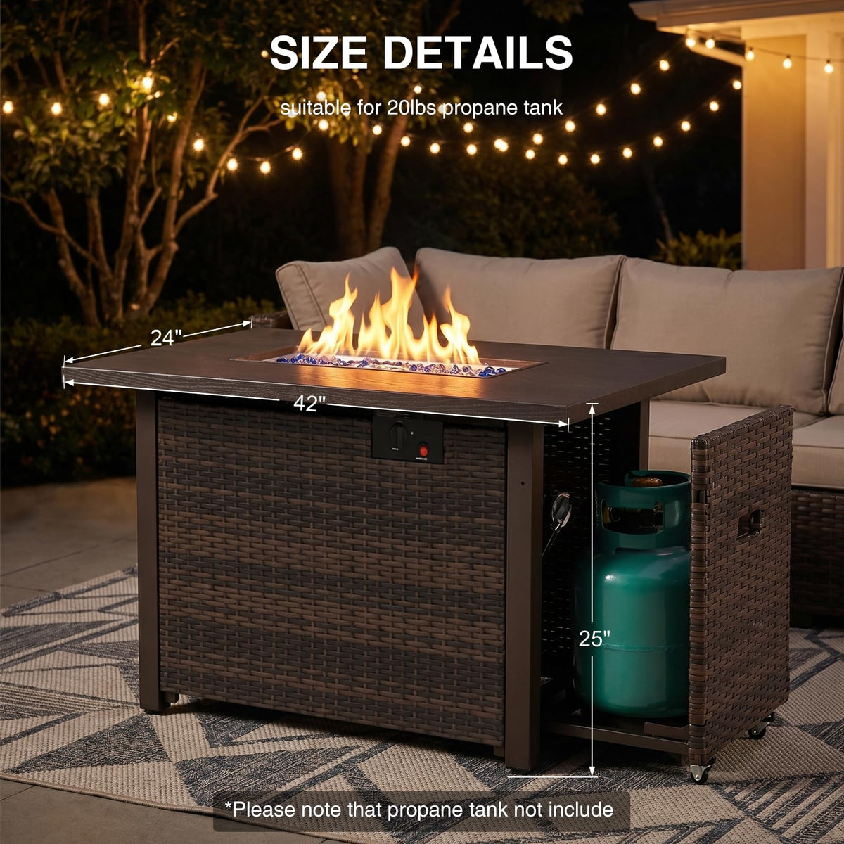 42 Inch Rectangular Propane Fire Pit Table with 50,000 BTU Output