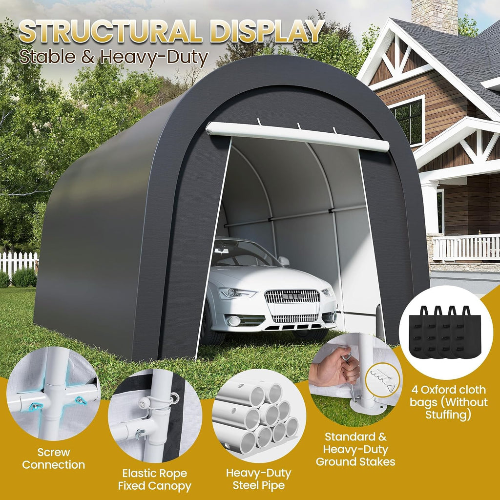 10' x 15' Portable Garage,Carport with 4 Cloth Bags, Car Port for UV & Rain | Car Canopy with 6 Heavy Duty Ground