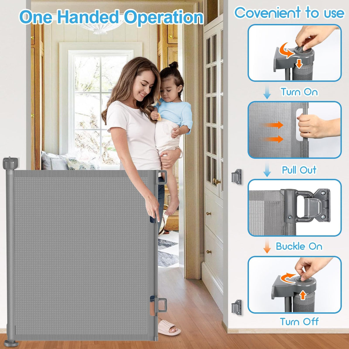 180" x 41" Extra-Wide Retractable Indoor Mesh Pet & Child Safety Gate with One-Hand Safety Lock for Wide Openings, Patios & Stairways