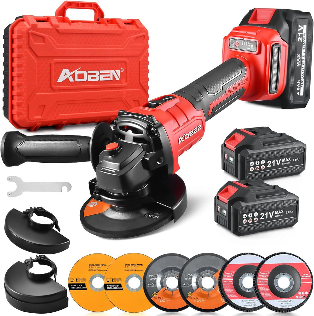 Cordless Angle Grinder 4-1/2 inch, 21V Battery Grinder Kit, Power Electric Cut Off Tool, Brushless Motor, 2x4.0Ah