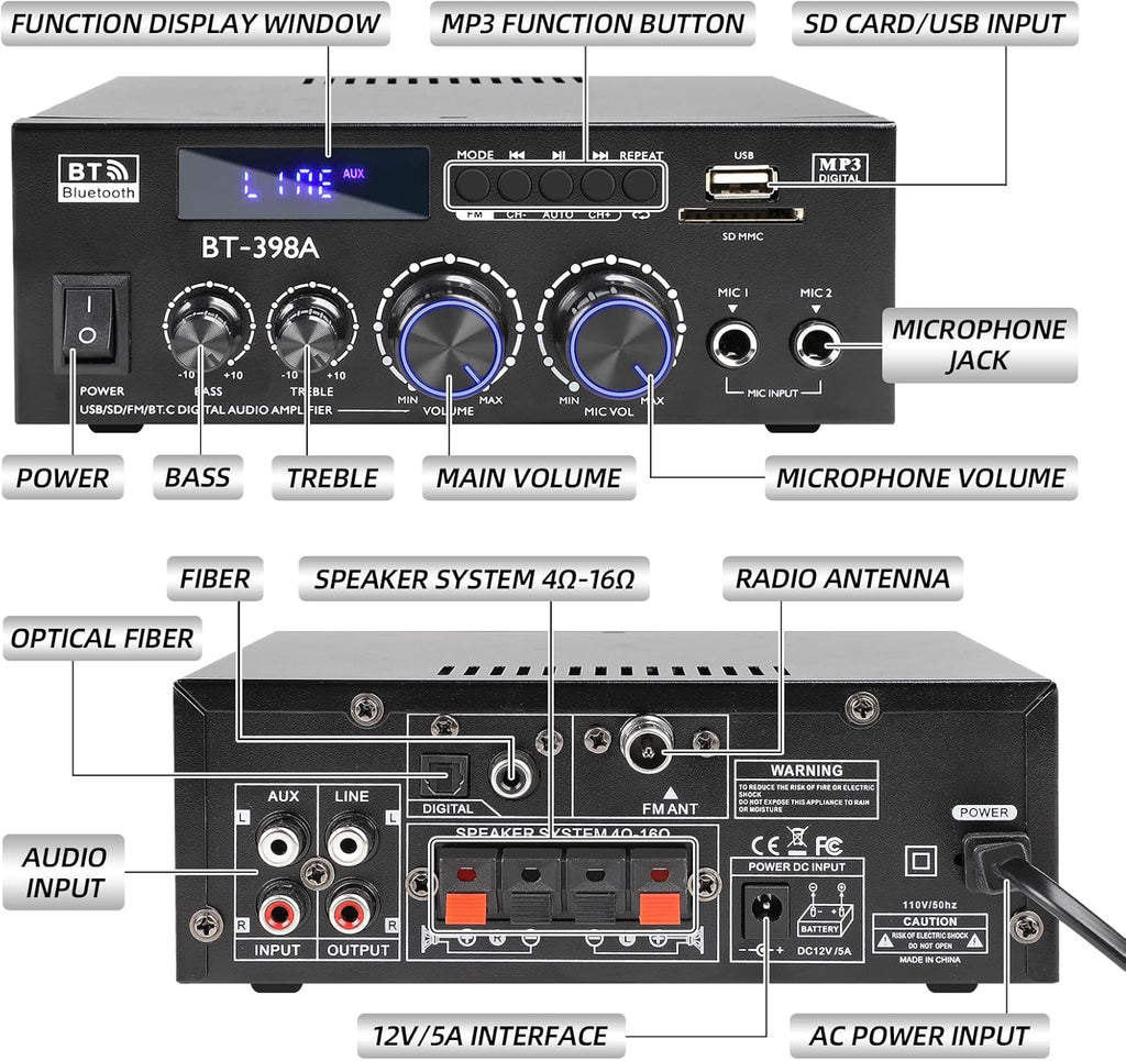 BT-398A Bluetooth 5.0 Stereo Receivers,2 Channel 450W Home Amplifier