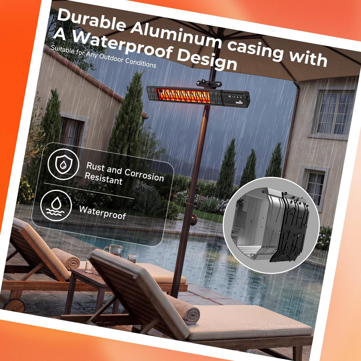 Electric Outdoor Heater for Patio Umbrella Wifi Control Wall-Mounted Hanging Patio 1500W Infrared 9 Heat Levels, 24H