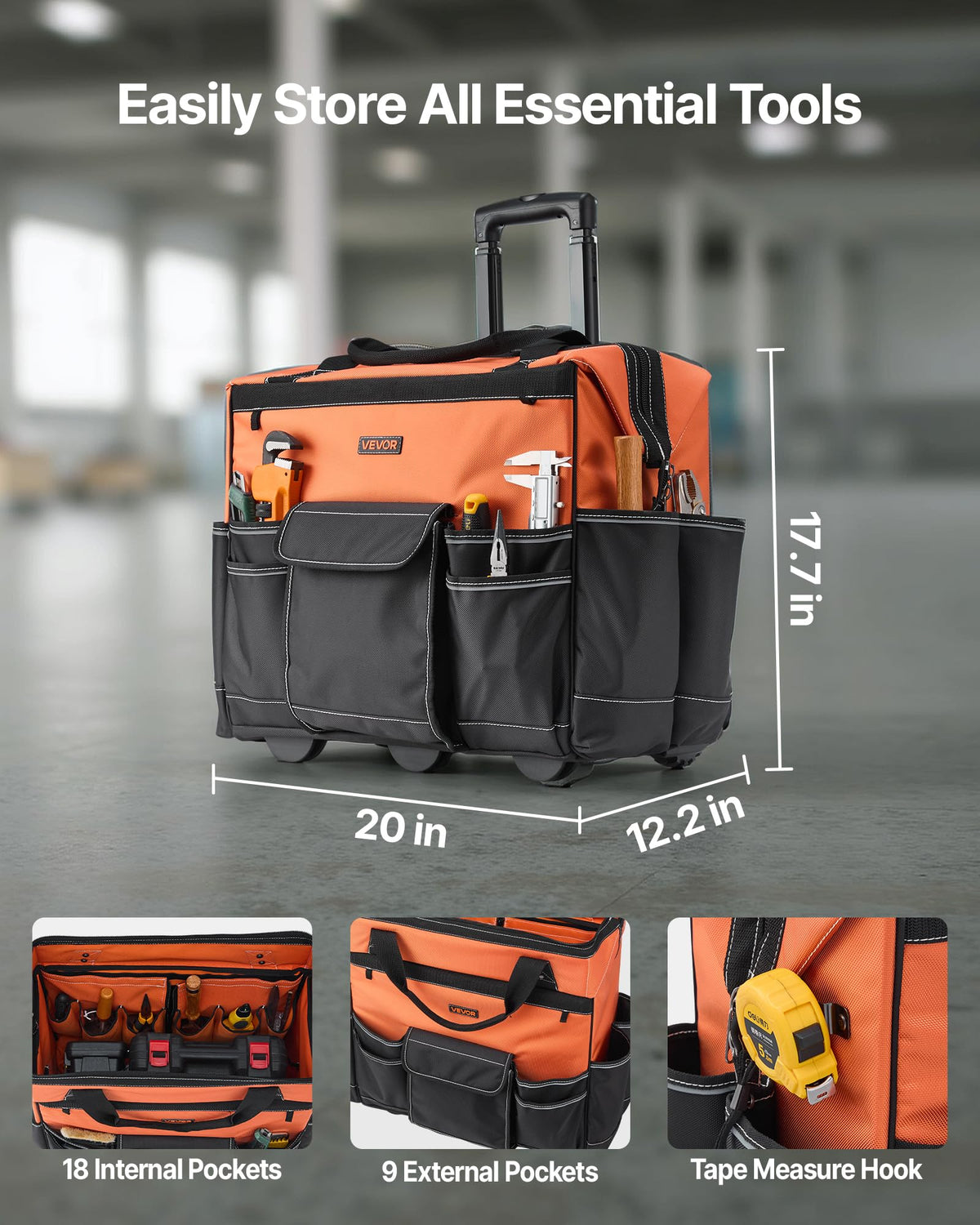 20" Rolling Tool Bag, 110 lbs Load Capacity, 27 Pockets Heavy Duty Roller Tool Bag on Wheels, Adjustable Telescoping