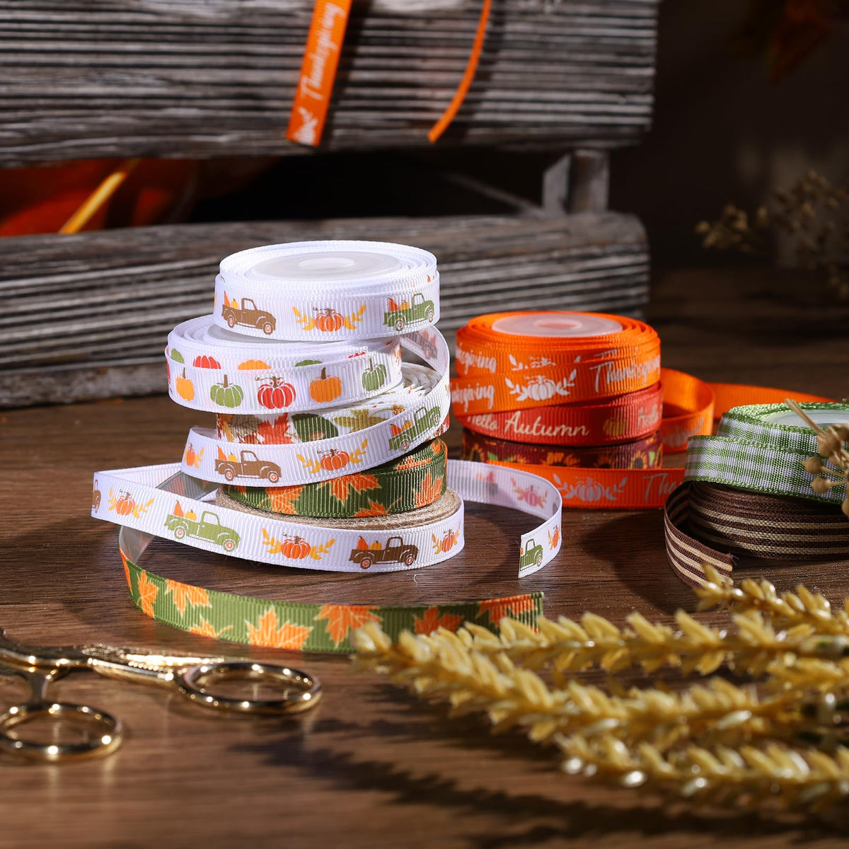 Fall Ribbon for Crafts 3/8" x 50 Yards Autumn Thanksgiving Ribbon
