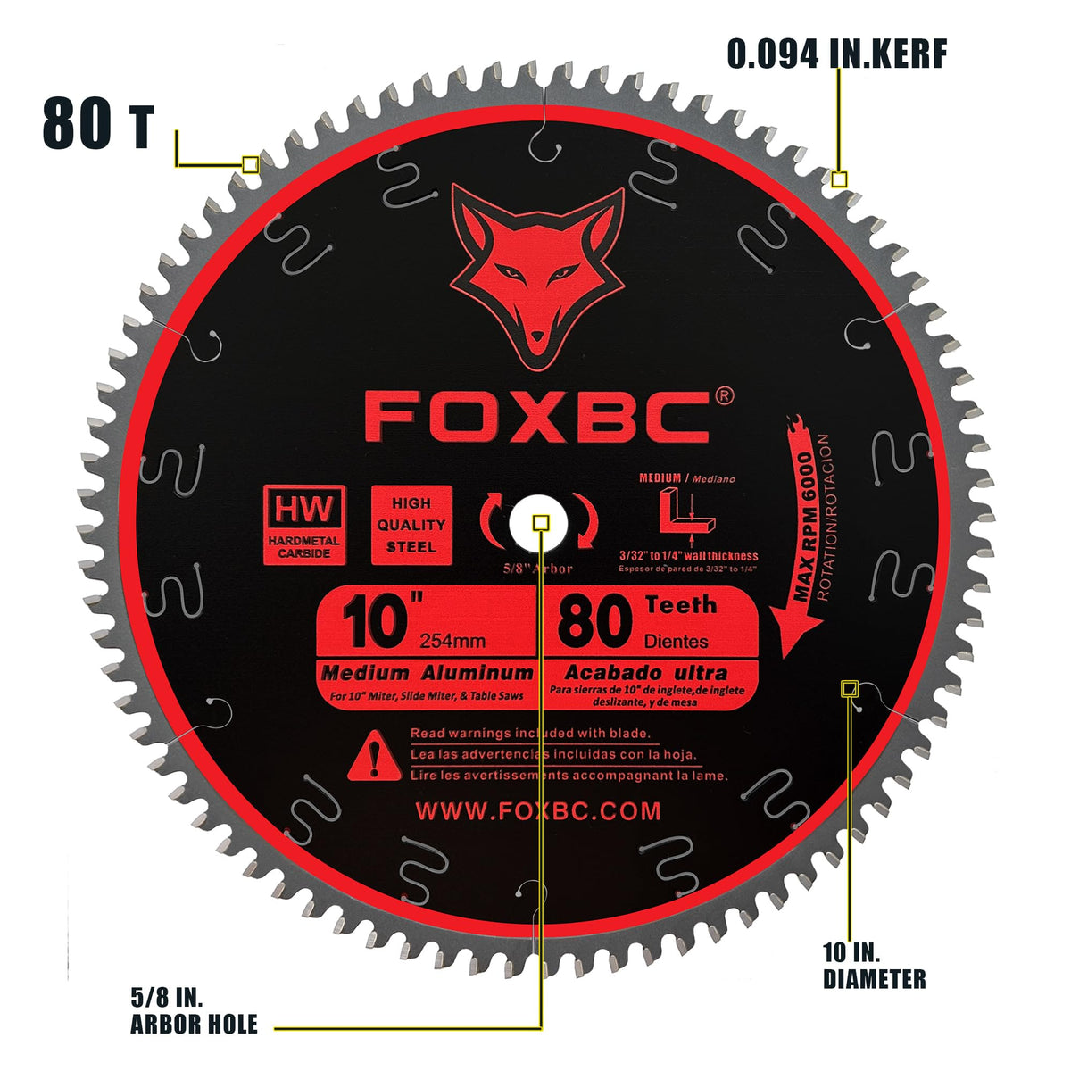FOXBC 10-Inch Saw Blade 80-Tooth TCG for Aluminum and Non-Ferrous Metal & Plastic Cutting with 5/8-Inch Arbor