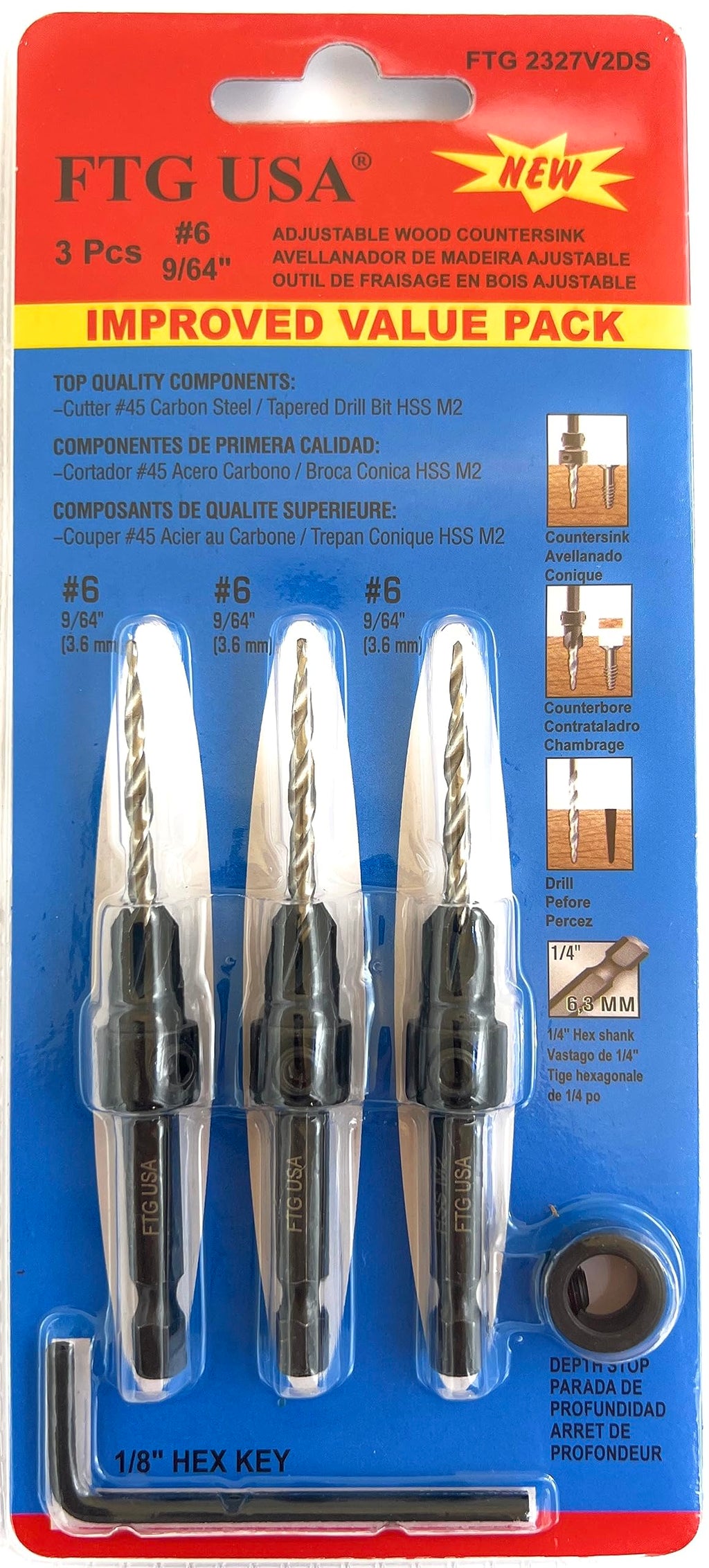 FTG USA 3 Pc #6 (9/64") Countersink Drill Bit Set with Tapered Drill Bits